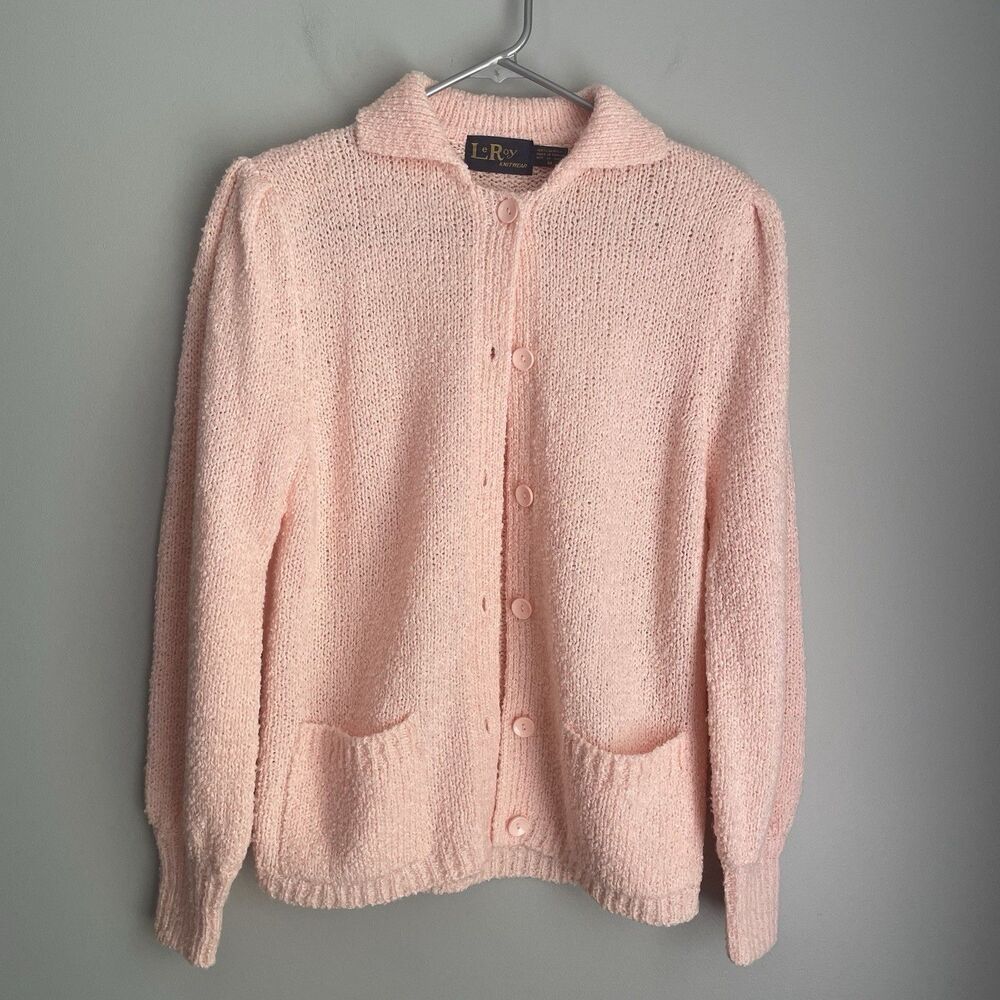VTG LeRoy Knitwear Cardigan Peach Women's M Pleated Shoulders/Pads Grandmacore